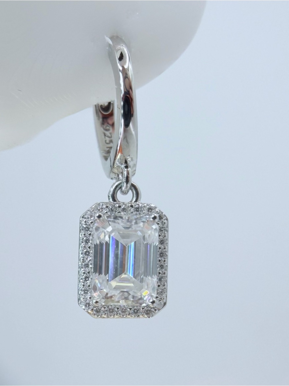 New 925 Sterling Silver Emerald Cut Moissanite Halo Drop Earrings | New in Box